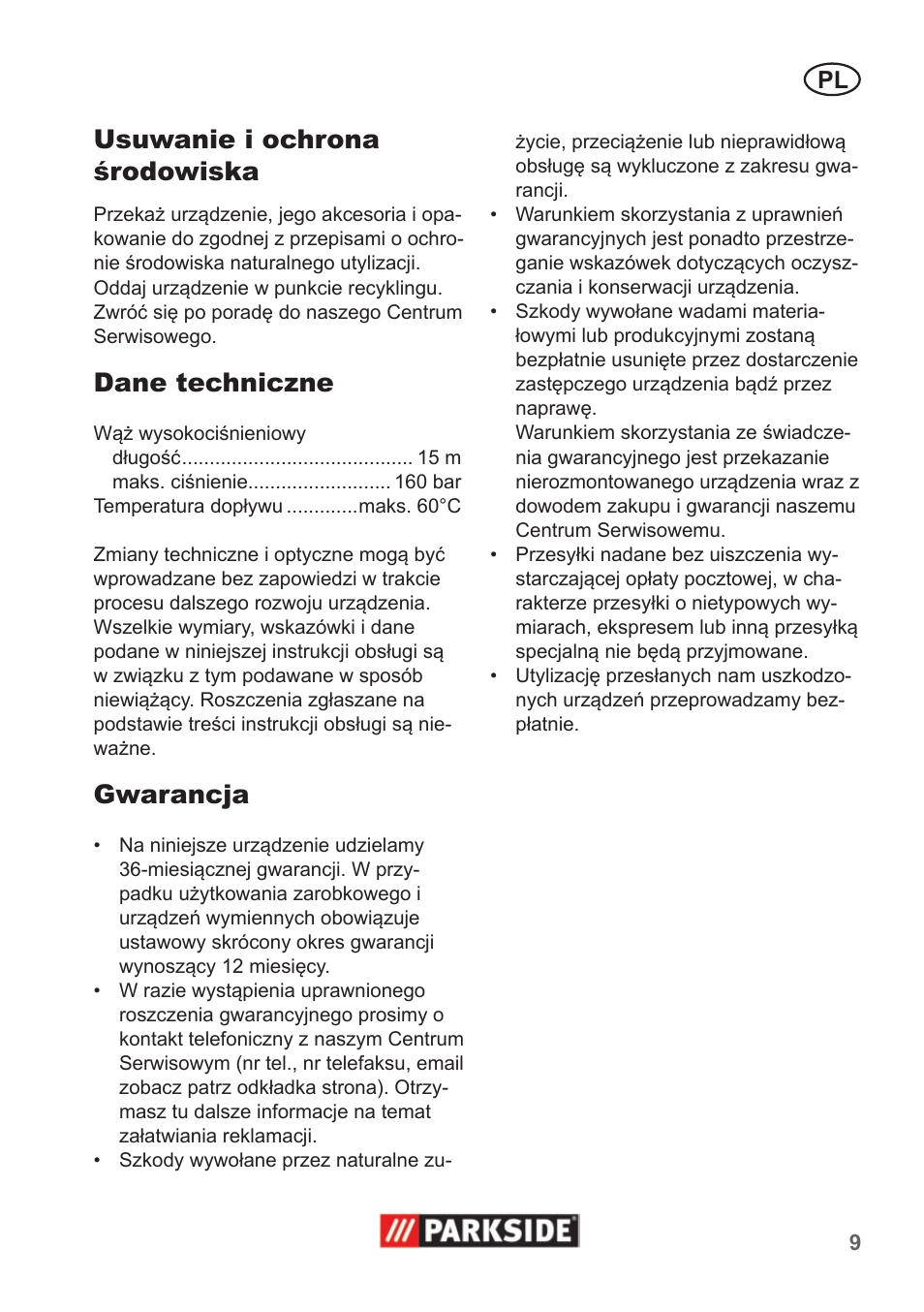 Usuwanie i ochrona środowiska, Dane techniczne, Gwarancja | Parkside Pipe Cleaning Set User Manual | Page 9 / 30