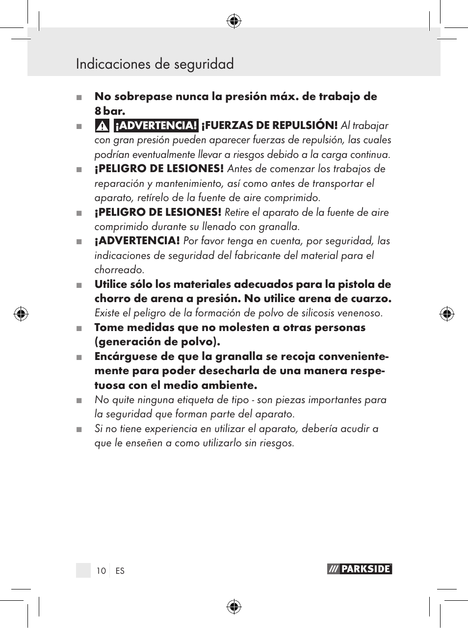 Indicaciones de seguridad | Parkside PDSP 1000 A1 User Manual | Page 10 / 65