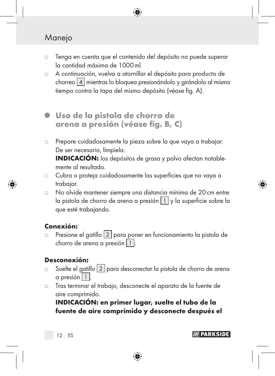 Manejo | Parkside PDSP 1000 A1 User Manual | Page 12 / 65