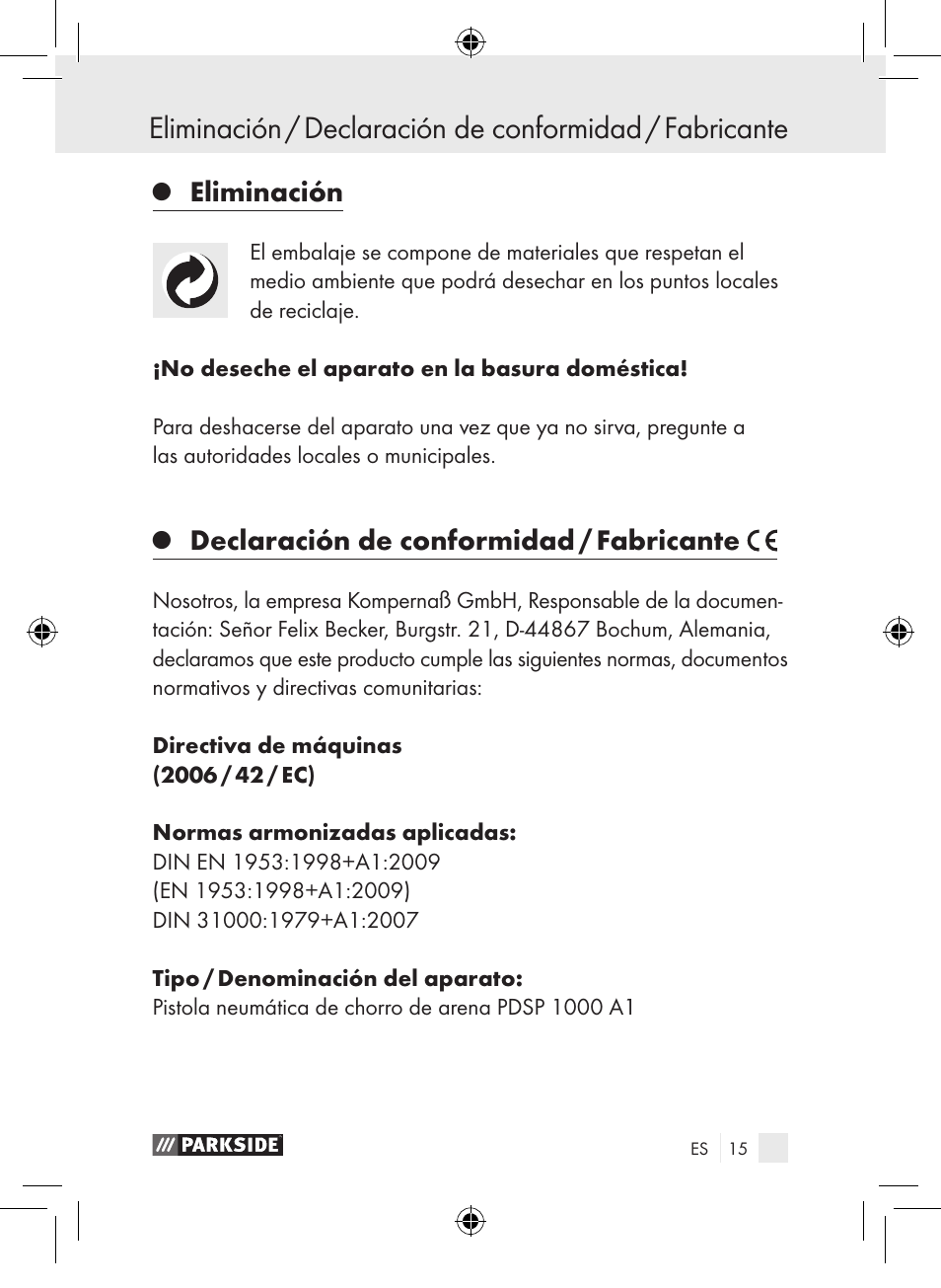Eliminación, Declaración de conformidad / fabricante | Parkside PDSP 1000 A1 User Manual | Page 15 / 65