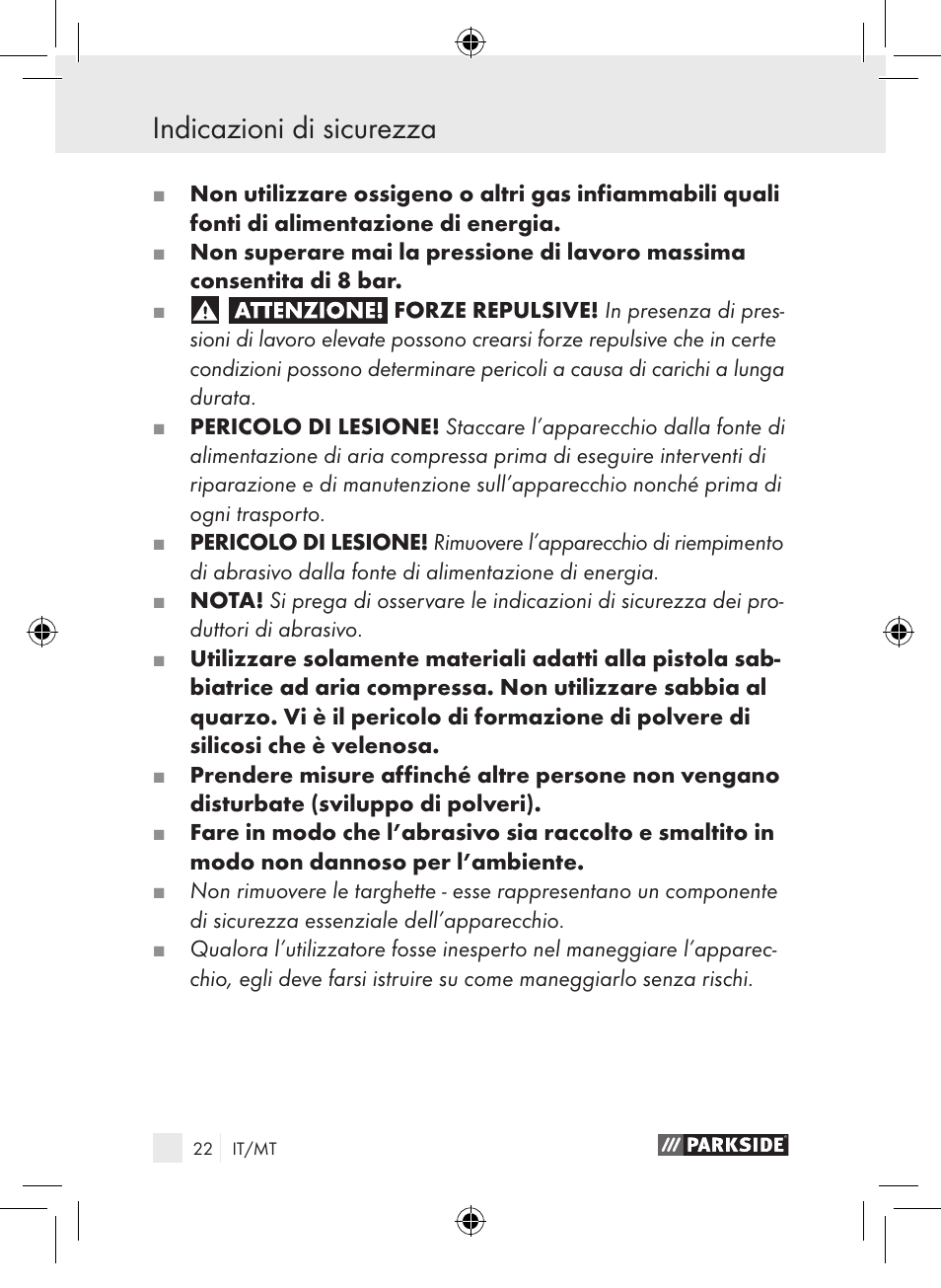 Indicazioni di sicurezza | Parkside PDSP 1000 A1 User Manual | Page 22 / 65