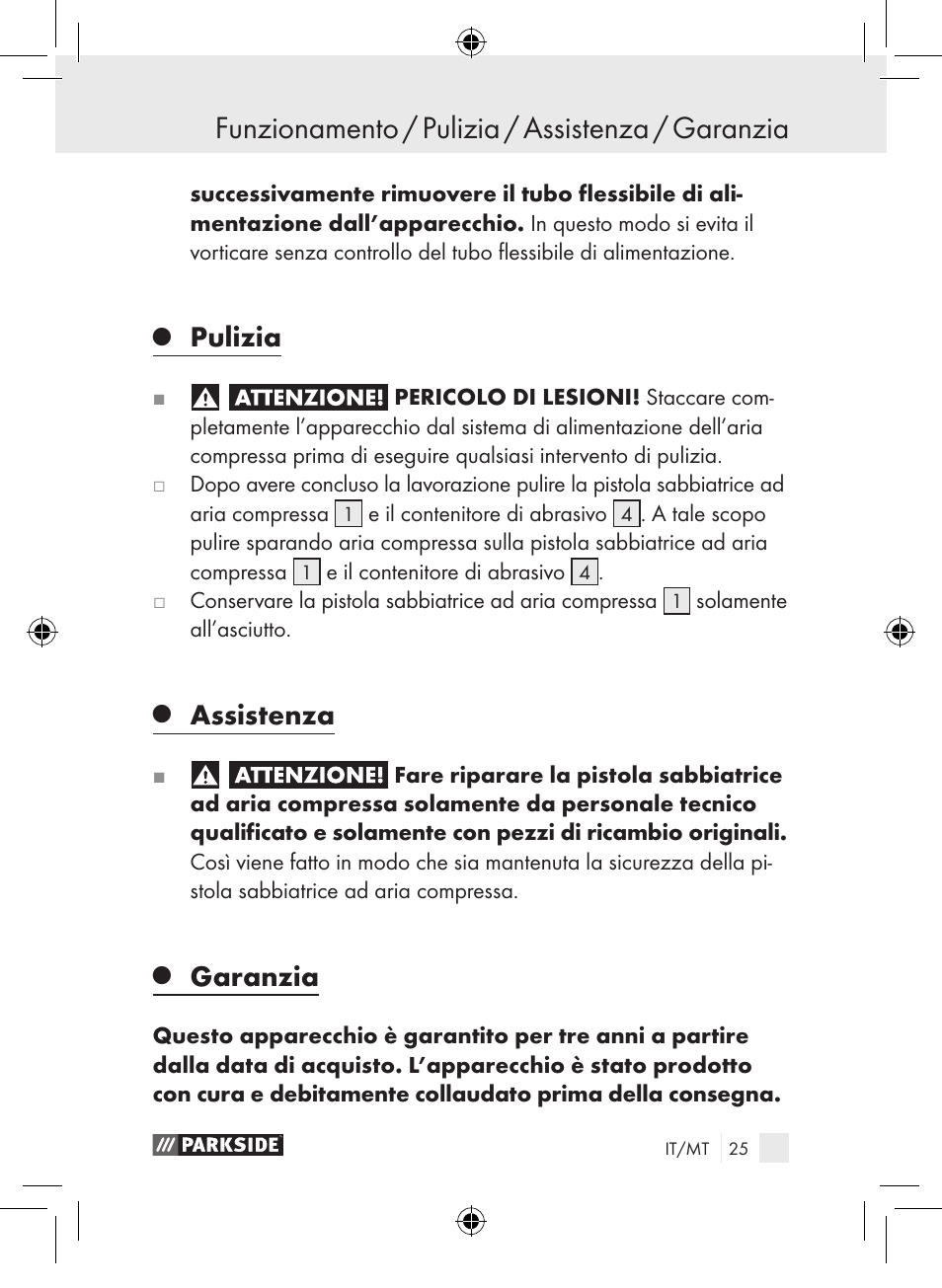 Funzionamento / pulizia / assistenza / garanzia, Pulizia, Assistenza | Garanzia | Parkside PDSP 1000 A1 User Manual | Page 25 / 65