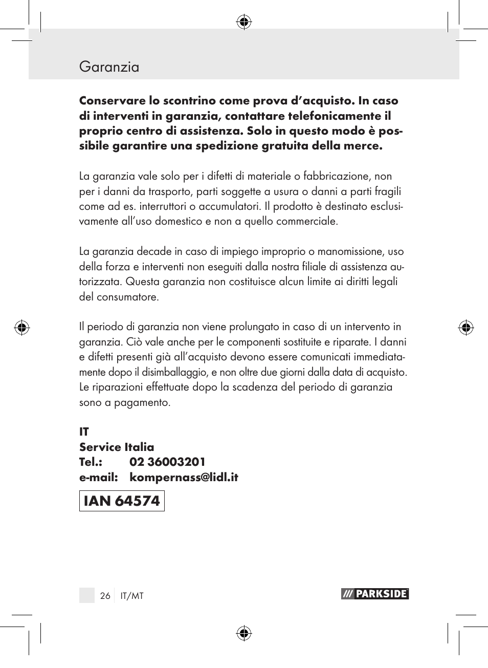 Garanzia / smaltimento garanzia | Parkside PDSP 1000 A1 User Manual | Page 26 / 65