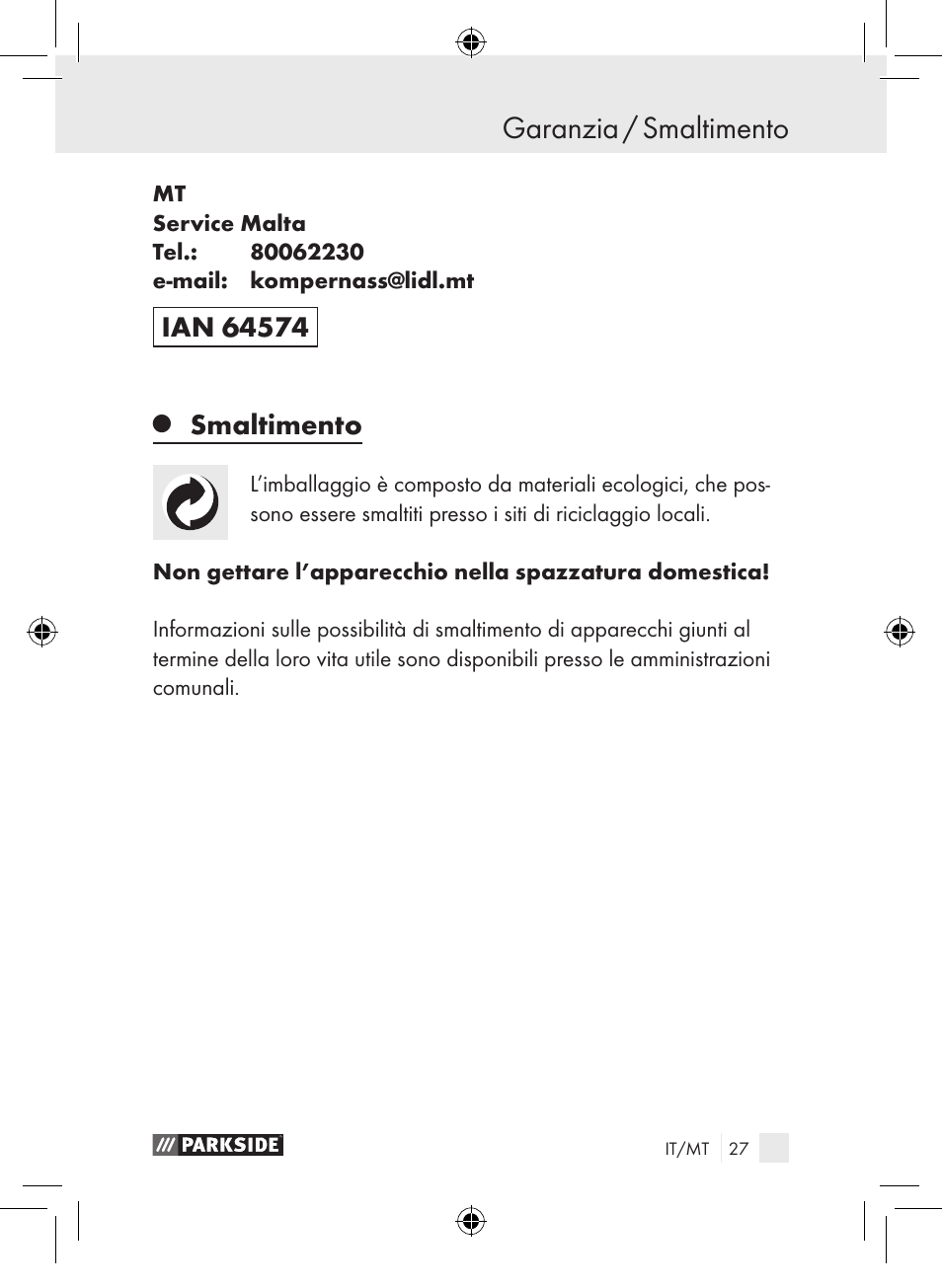 Garanzia / smaltimento, Smaltimento | Parkside PDSP 1000 A1 User Manual | Page 27 / 65