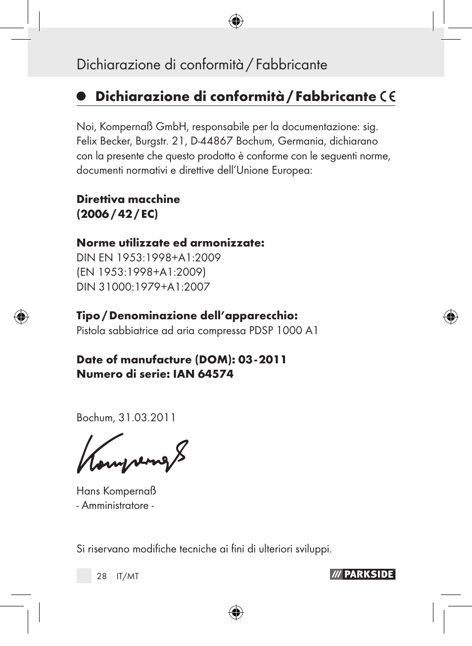 Dichiarazione di conformità / fabbricante | Parkside PDSP 1000 A1 User Manual | Page 28 / 65