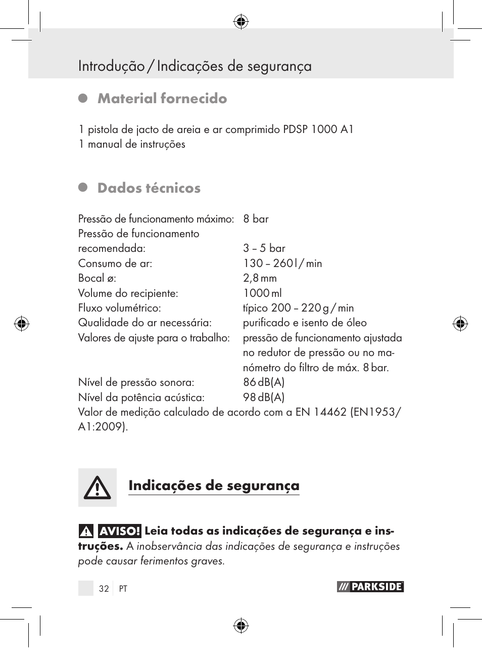 Introdução / indicações de segurança, Material fornecido, Dados técnicos | Indicações de segurança | Parkside PDSP 1000 A1 User Manual | Page 32 / 65