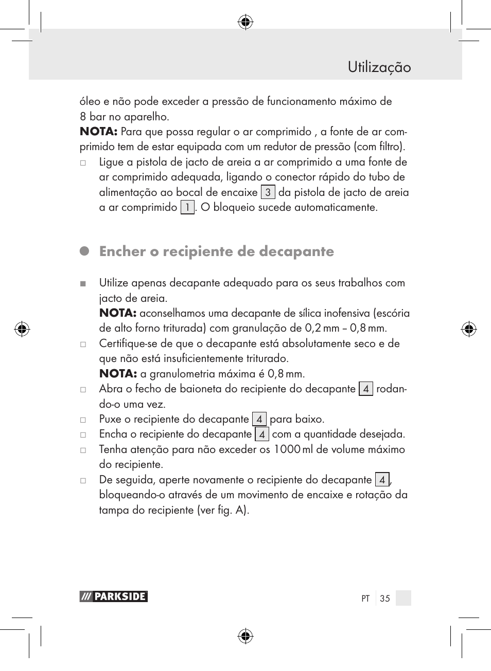 Utilização, Encher o recipiente de decapante | Parkside PDSP 1000 A1 User Manual | Page 35 / 65