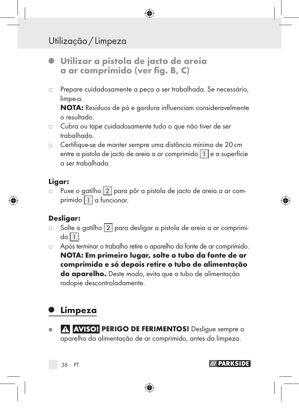 Utilização / limpeza, Limpeza | Parkside PDSP 1000 A1 User Manual | Page 36 / 65