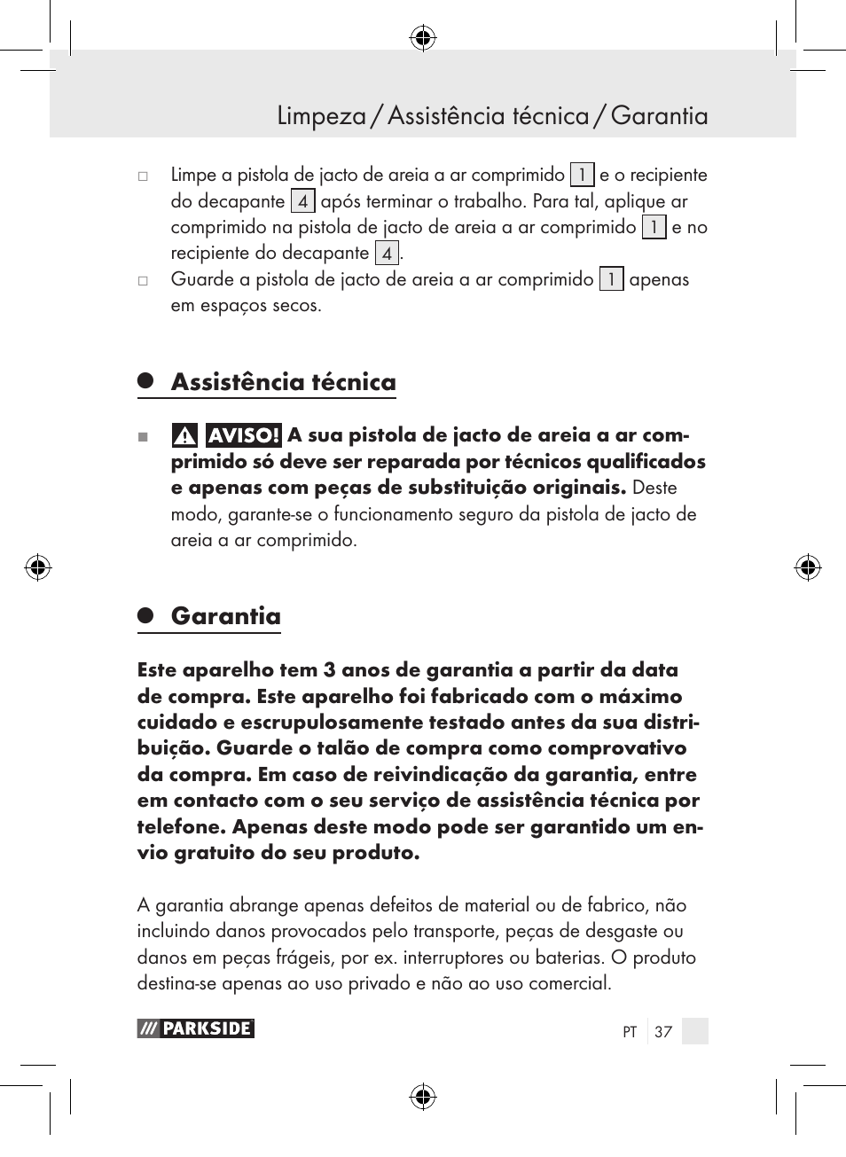 Limpeza / assistência técnica / garantia, Assistência técnica, Garantia | Parkside PDSP 1000 A1 User Manual | Page 37 / 65