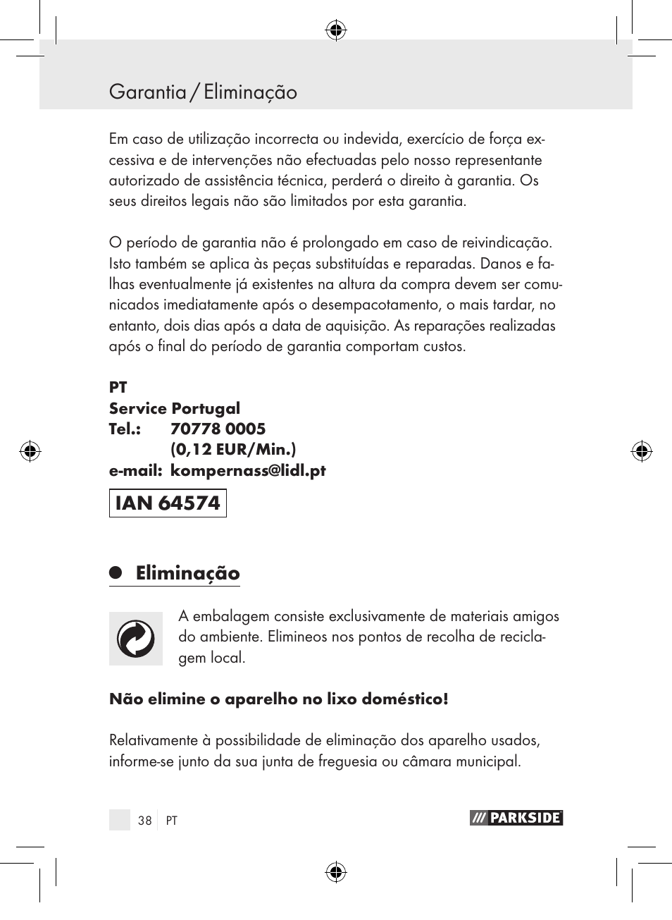 Garantia / eliminação, Eliminação | Parkside PDSP 1000 A1 User Manual | Page 38 / 65
