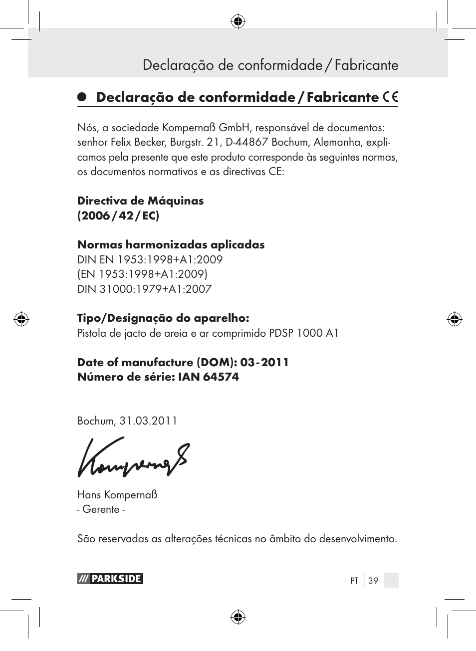Declaração de conformidade / fabricante | Parkside PDSP 1000 A1 User Manual | Page 39 / 65