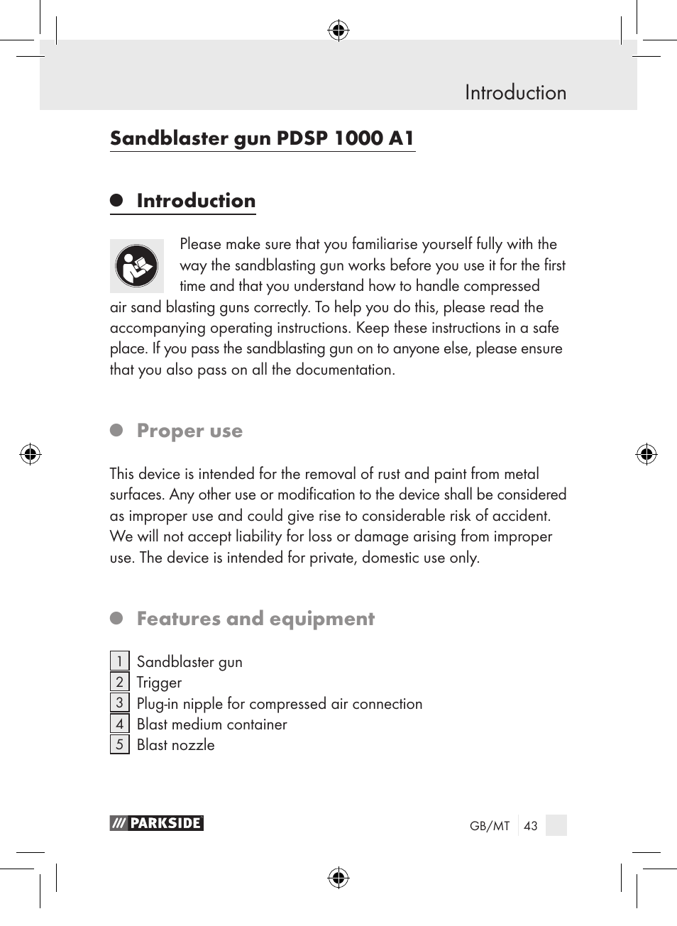 Introduction, Proper use, Features and equipment | Parkside PDSP 1000 A1 User Manual | Page 43 / 65