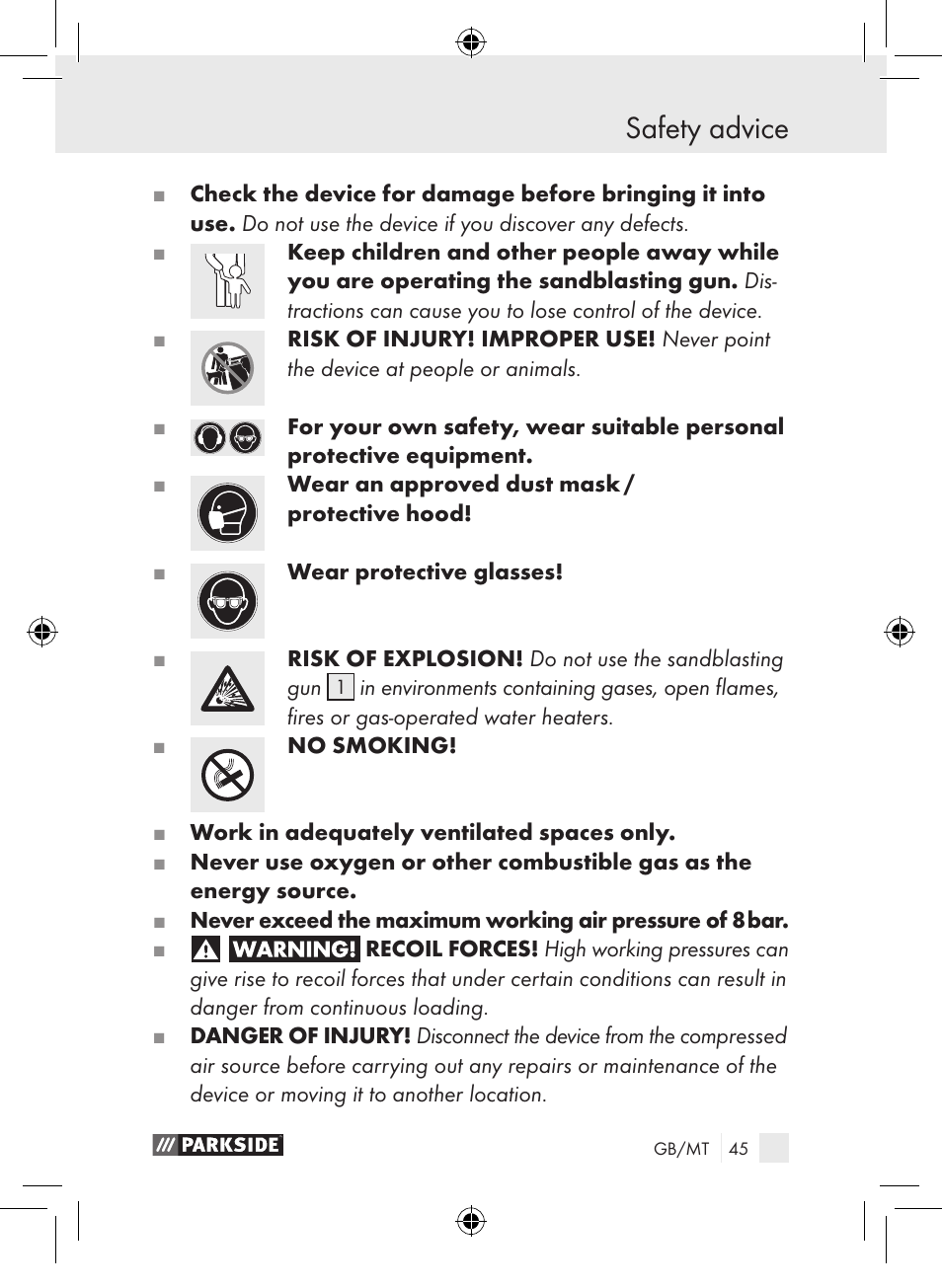 Safety advice | Parkside PDSP 1000 A1 User Manual | Page 45 / 65