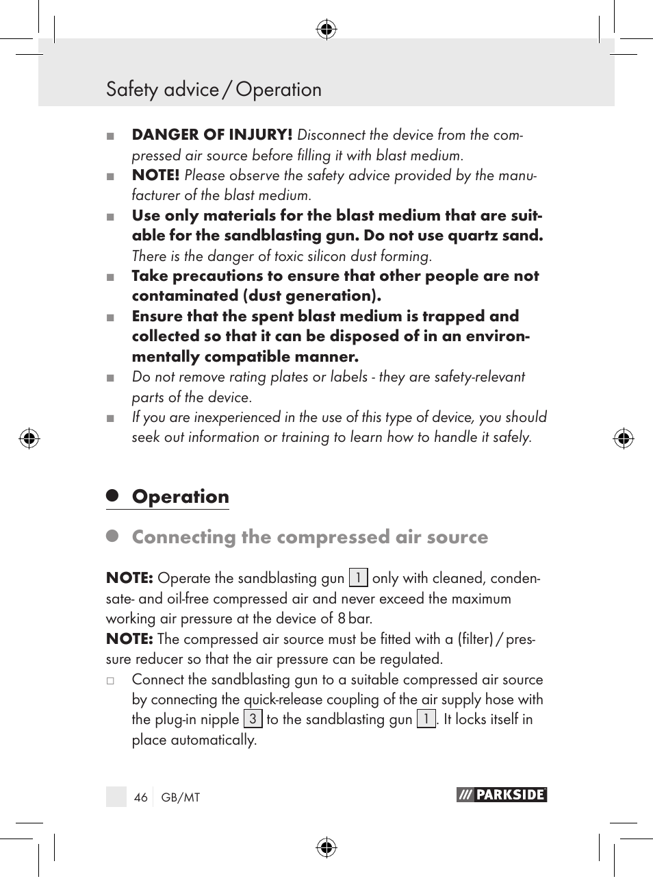 Safety advice / operation, Operation, Connecting the compressed air source | Parkside PDSP 1000 A1 User Manual | Page 46 / 65