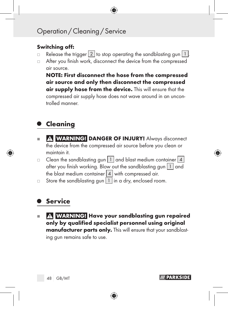 Operation / cleaning / service, Cleaning, Service | Parkside PDSP 1000 A1 User Manual | Page 48 / 65