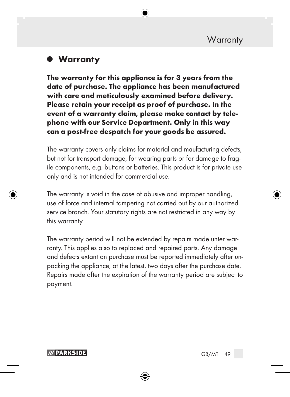 Warranty | Parkside PDSP 1000 A1 User Manual | Page 49 / 65