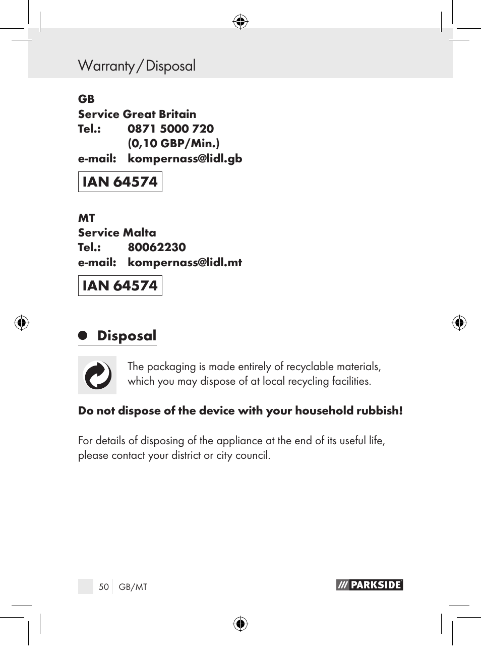 Warranty / disposal, Disposal | Parkside PDSP 1000 A1 User Manual | Page 50 / 65
