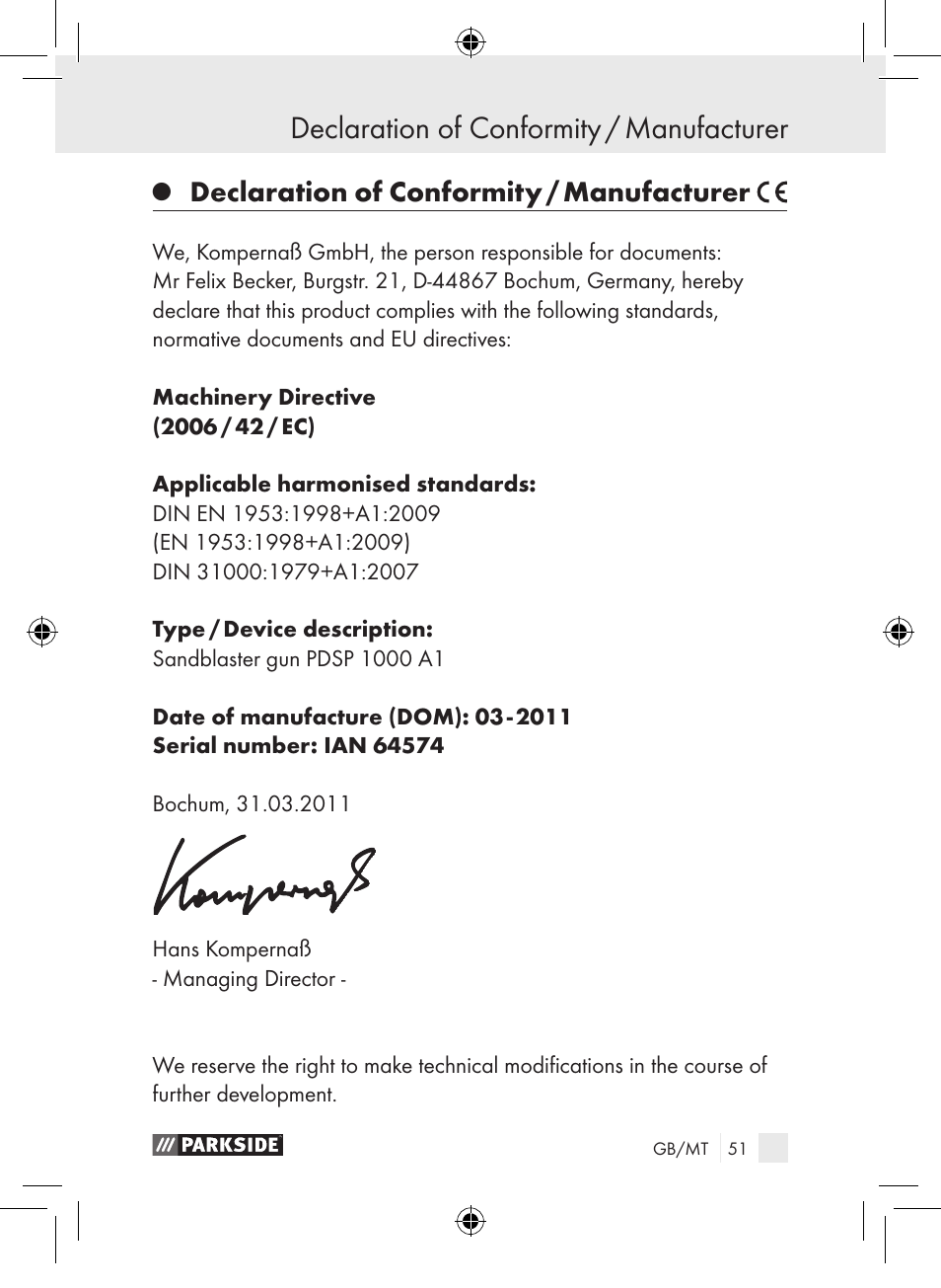 Declaration of conformity / manufacturer | Parkside PDSP 1000 A1 User Manual | Page 51 / 65