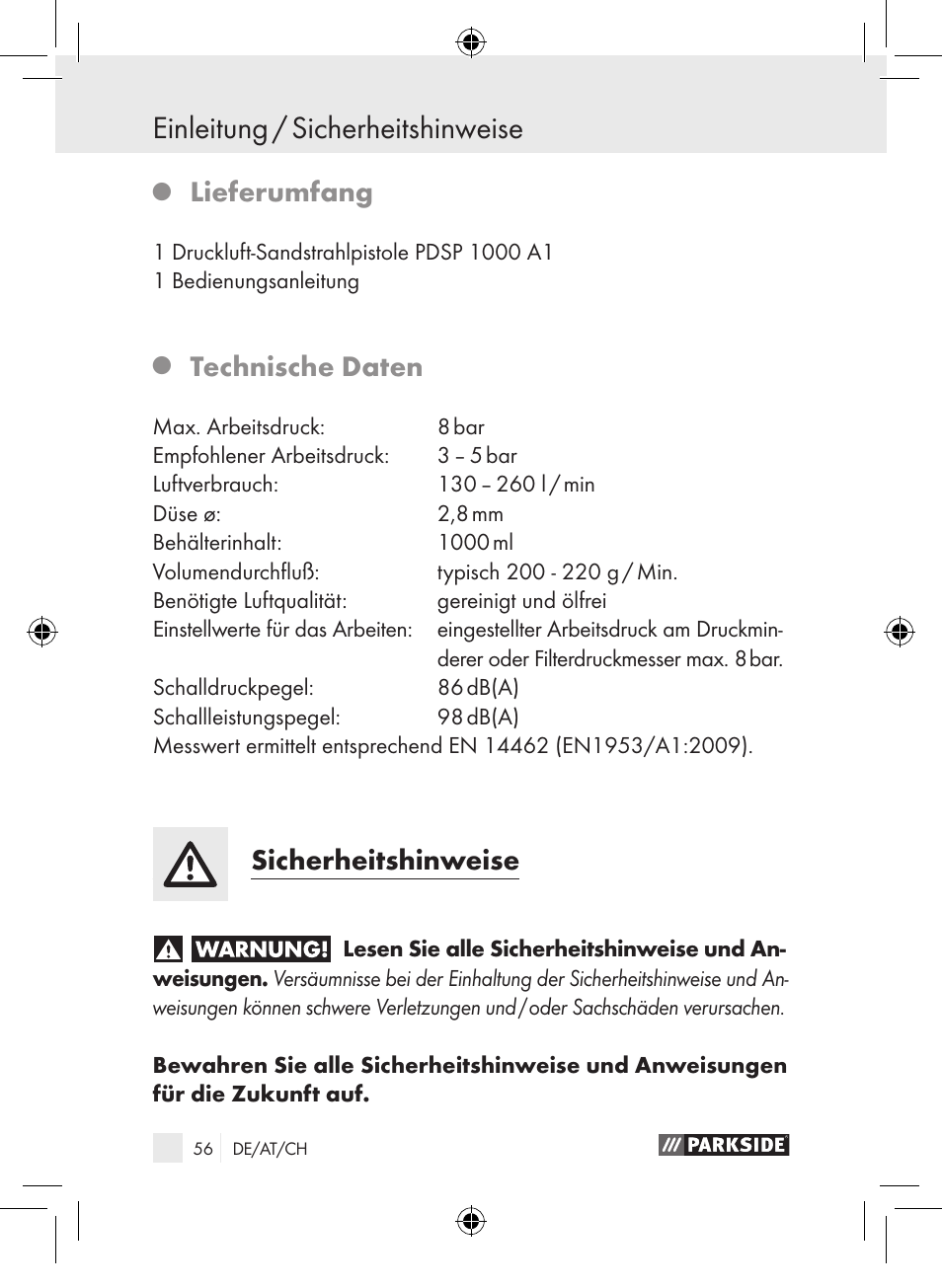 Einleitung / sicherheitshinweise, Lieferumfang, Technische daten | Sicherheitshinweise | Parkside PDSP 1000 A1 User Manual | Page 56 / 65