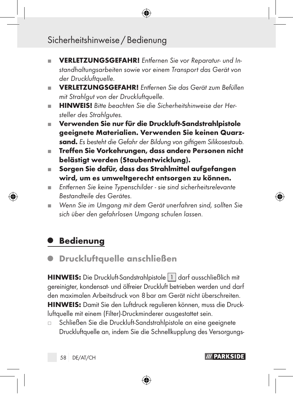 Sicherheitshinweise / bedienung, Bedienung, Druckluftquelle anschließen | Parkside PDSP 1000 A1 User Manual | Page 58 / 65