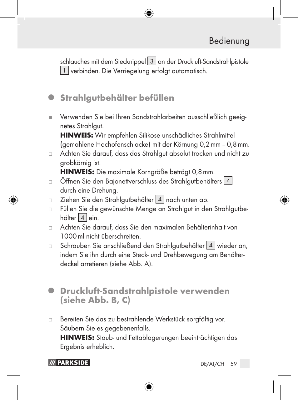 Bedienung, Strahlgutbehälter befüllen | Parkside PDSP 1000 A1 User Manual | Page 59 / 65