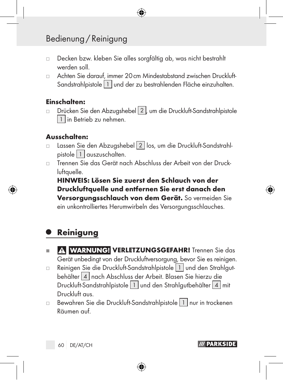 Bedienung / reinigung, Reinigung | Parkside PDSP 1000 A1 User Manual | Page 60 / 65