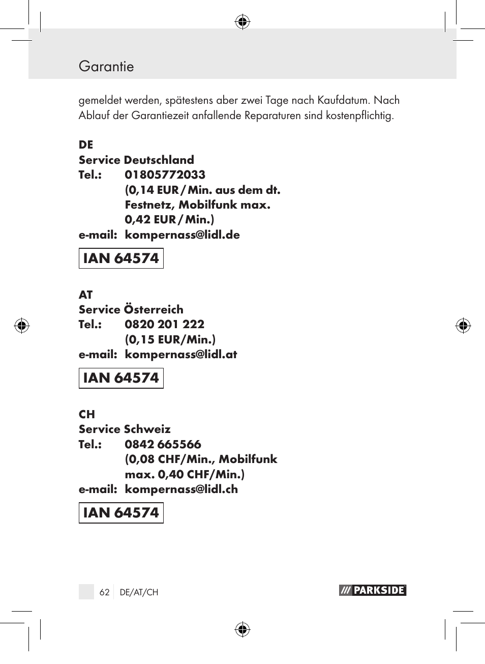 Garantie | Parkside PDSP 1000 A1 User Manual | Page 62 / 65