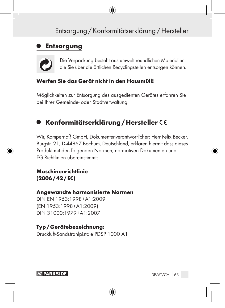 Entsorgung / konformitätserklärung / hersteller, Entsorgung, Konformitätserklärung / hersteller | Parkside PDSP 1000 A1 User Manual | Page 63 / 65