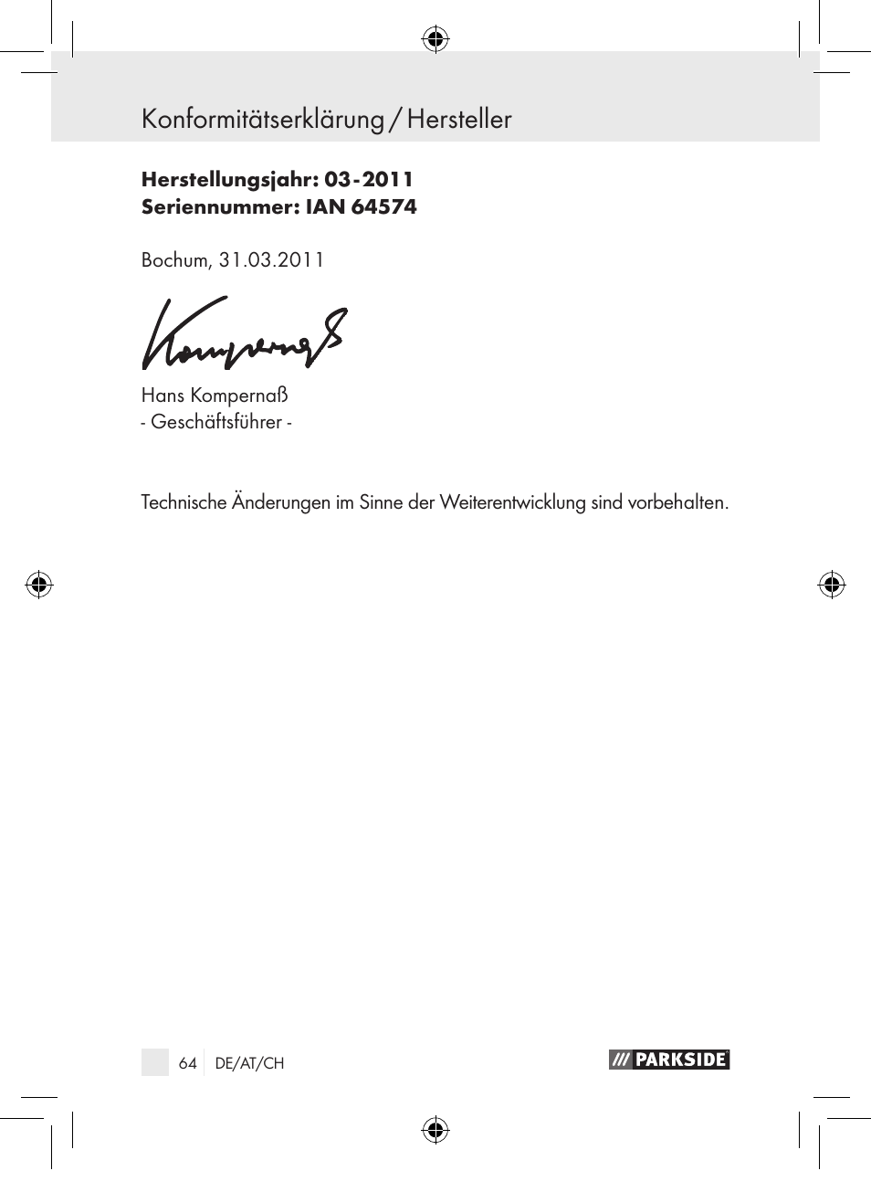Konformitätserklärung / hersteller | Parkside PDSP 1000 A1 User Manual | Page 64 / 65