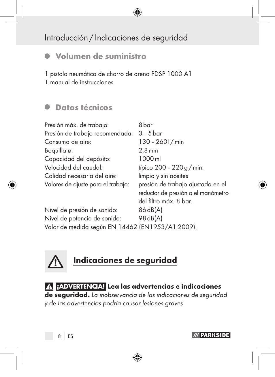 Introducción / indicaciones de seguridad, Volumen de suministro, Datos técnicos | Indicaciones de seguridad | Parkside PDSP 1000 A1 User Manual | Page 8 / 65