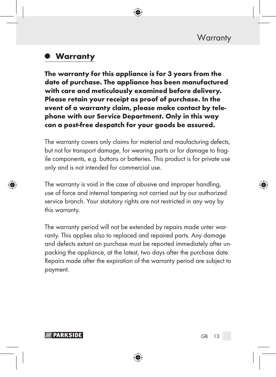 Warranty | Parkside PDSP 1000 A1 User Manual | Page 13 / 89