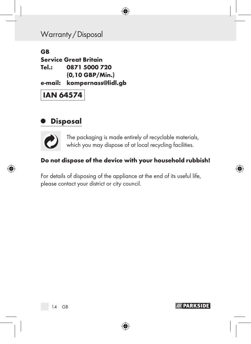 Warranty / disposal, Disposal | Parkside PDSP 1000 A1 User Manual | Page 14 / 89