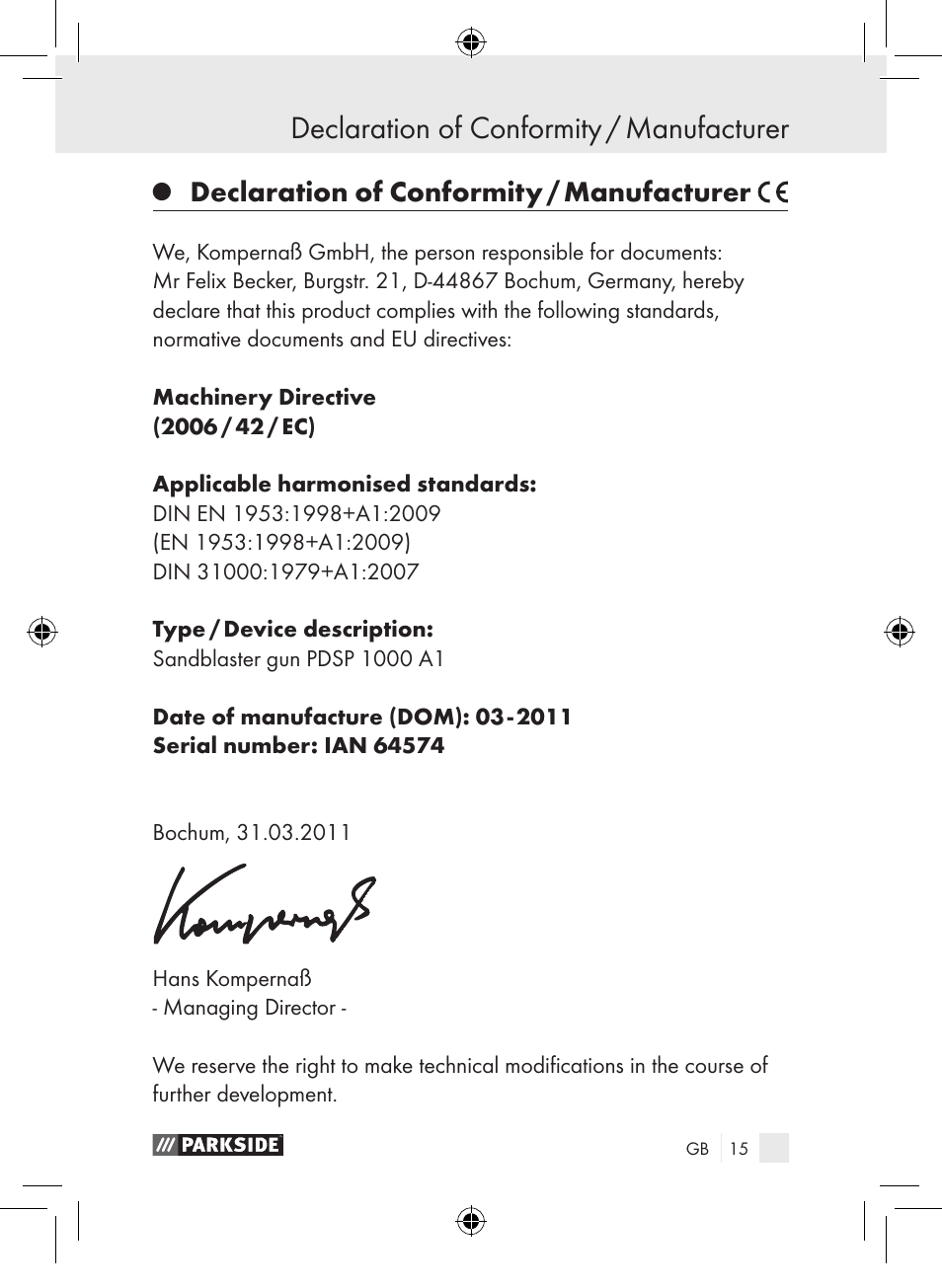 Declaration of conformity / manufacturer | Parkside PDSP 1000 A1 User Manual | Page 15 / 89