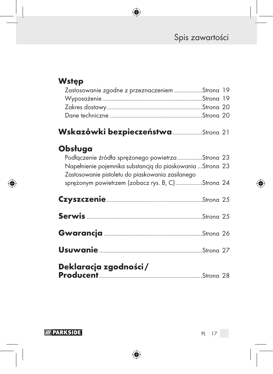 Spis zawartości, Wstęp, Wskazόwki bezpieczeństwa | Obsługa, Czyszczenie, Serwis, Gwarancja, Usuwanie, Deklaracja zgodności / producent | Parkside PDSP 1000 A1 User Manual | Page 17 / 89