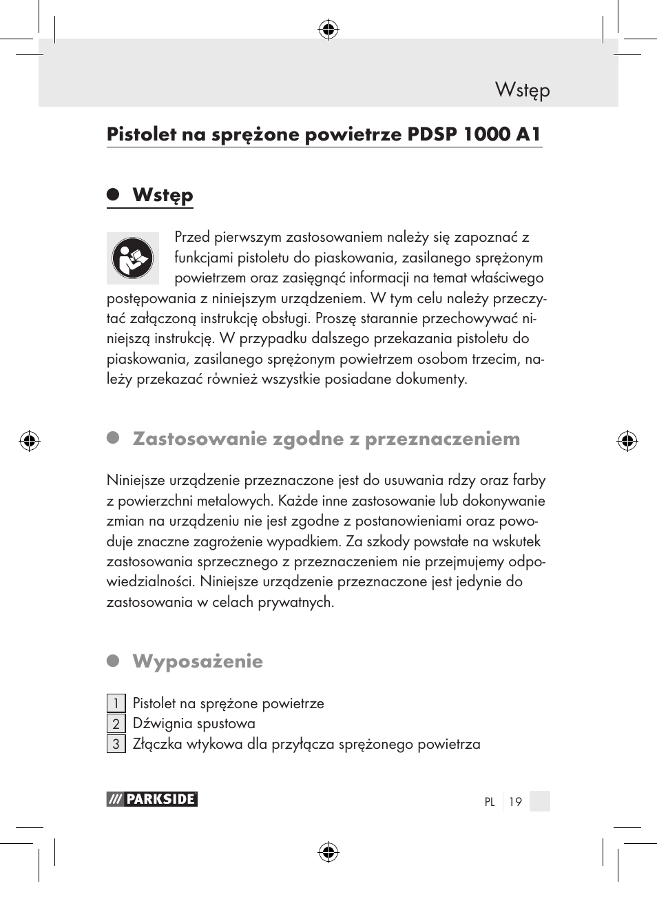 Wstęp, Zastosowanie zgodne z przeznaczeniem, Wyposażenie | Parkside PDSP 1000 A1 User Manual | Page 19 / 89
