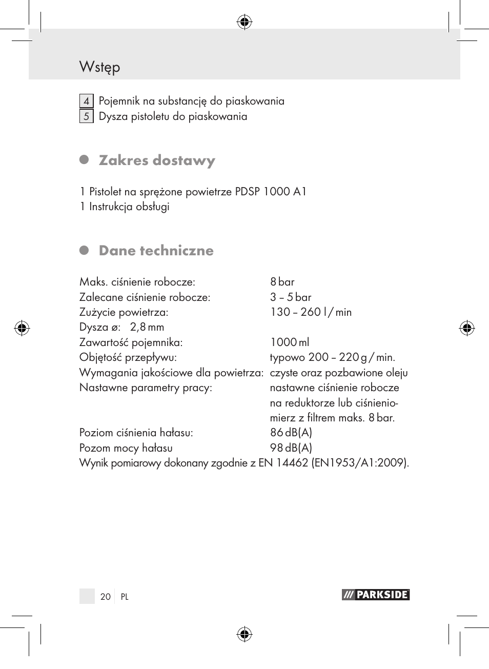 Wstęp, Zakres dostawy, Dane techniczne | Parkside PDSP 1000 A1 User Manual | Page 20 / 89