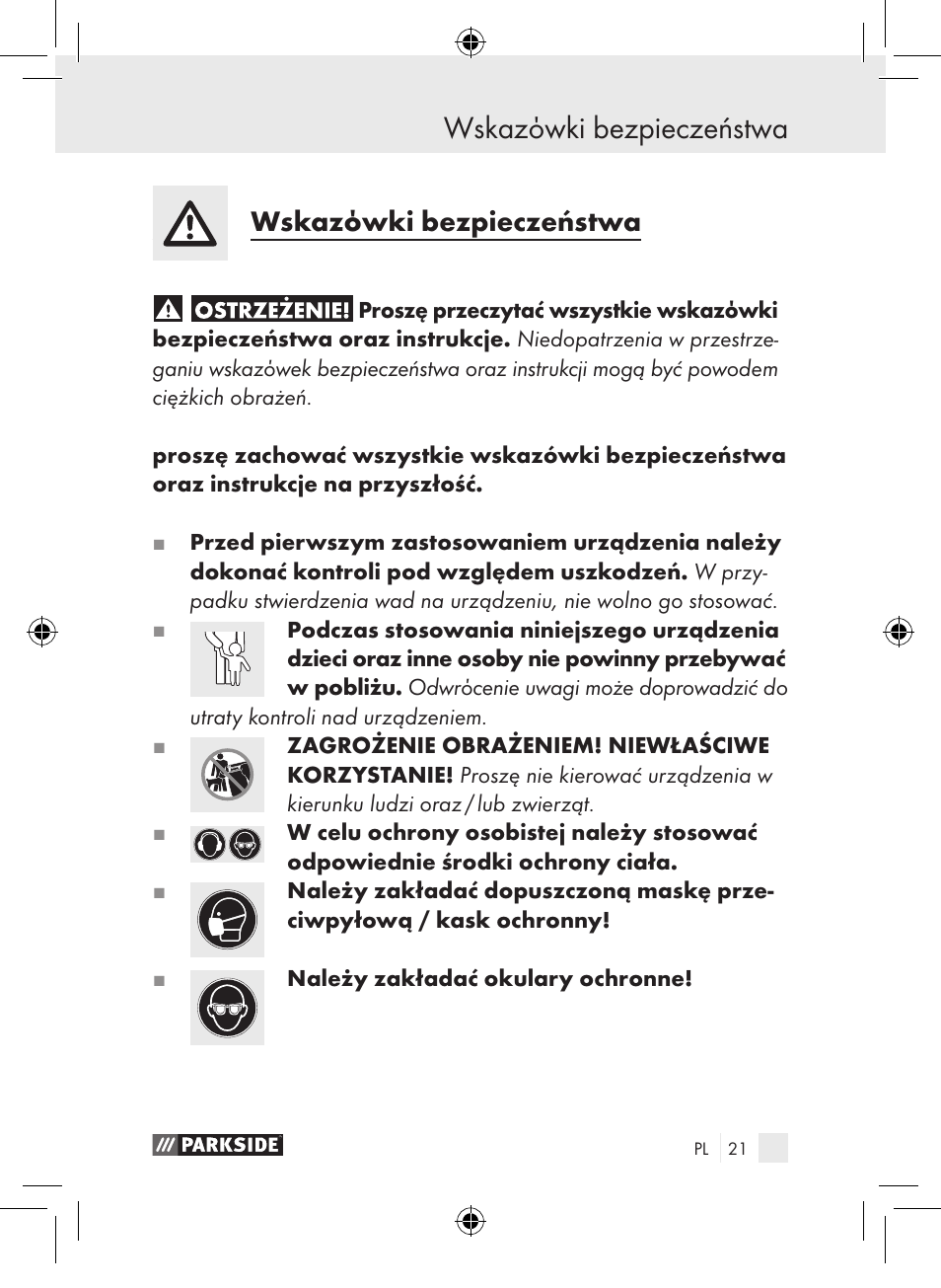 Wskazόwki bezpieczeństwa | Parkside PDSP 1000 A1 User Manual | Page 21 / 89
