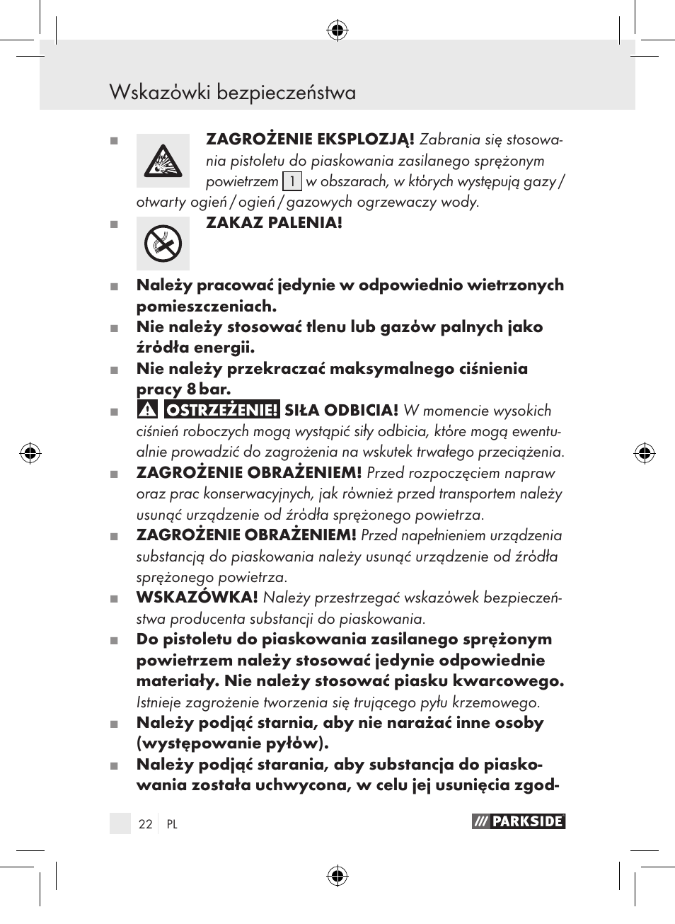 Wskazόwki bezpieczeństwa | Parkside PDSP 1000 A1 User Manual | Page 22 / 89