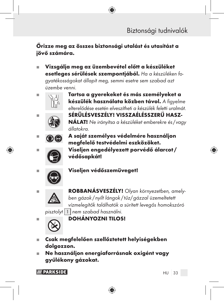 Biztonsági tudnivalók | Parkside PDSP 1000 A1 User Manual | Page 33 / 89