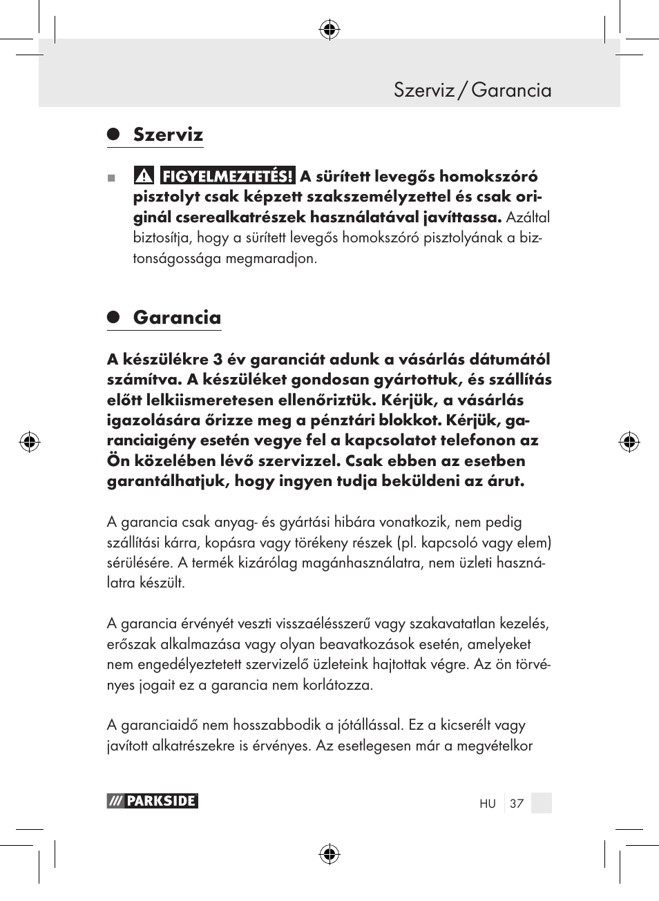 Szerviz / garancia, Szerviz, Garancia | Parkside PDSP 1000 A1 User Manual | Page 37 / 89