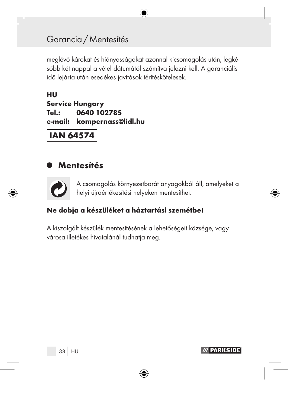Garancia / mentesítés, Mentesítés | Parkside PDSP 1000 A1 User Manual | Page 38 / 89