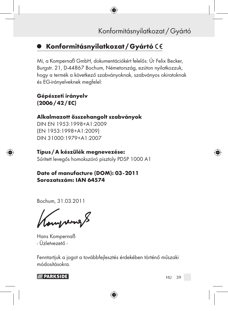 Konformitásnyilatkozat / gyártó | Parkside PDSP 1000 A1 User Manual | Page 39 / 89