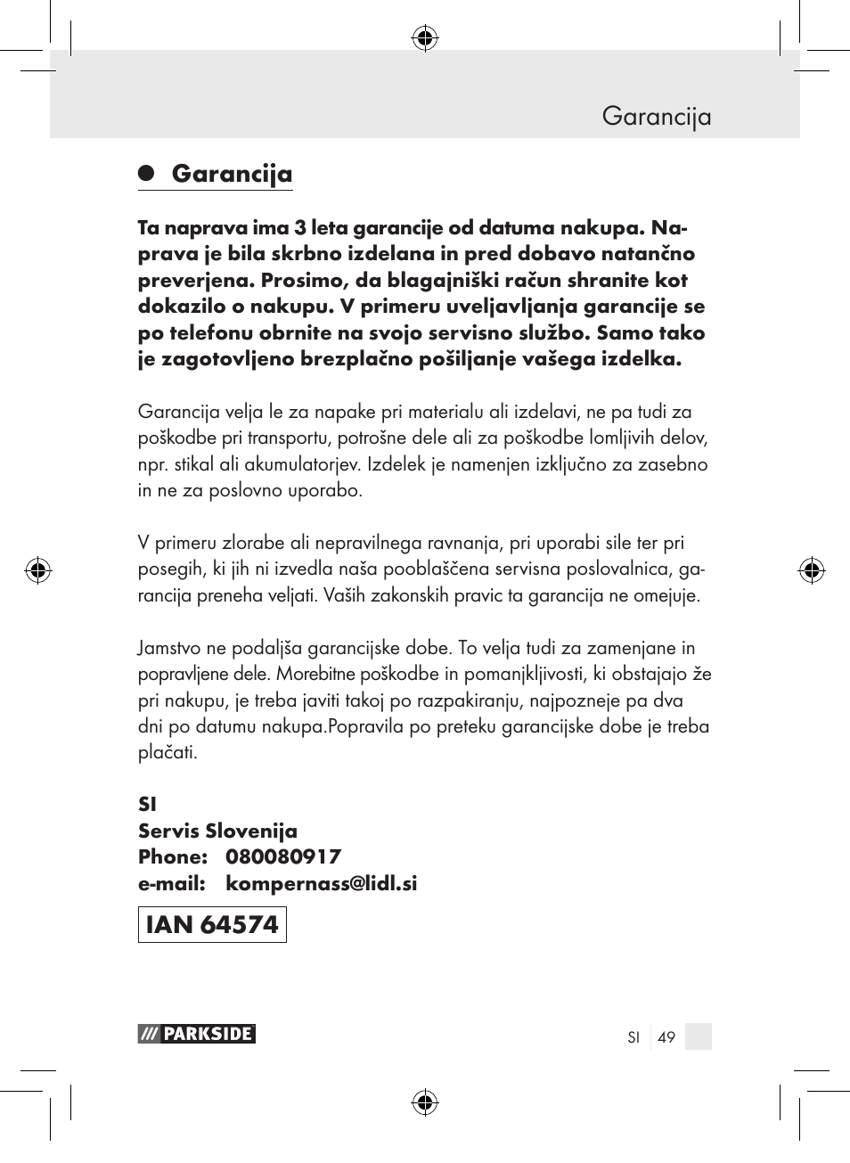 Garancija | Parkside PDSP 1000 A1 User Manual | Page 49 / 89