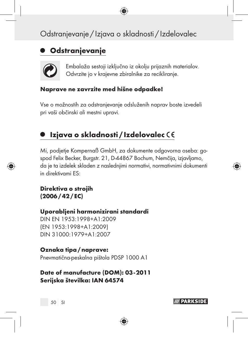 Odstranjevanje / izjava o skladnosti / izdelovalec, Odstranjevanje, Izjava o skladnosti / izdelovalec | Parkside PDSP 1000 A1 User Manual | Page 50 / 89