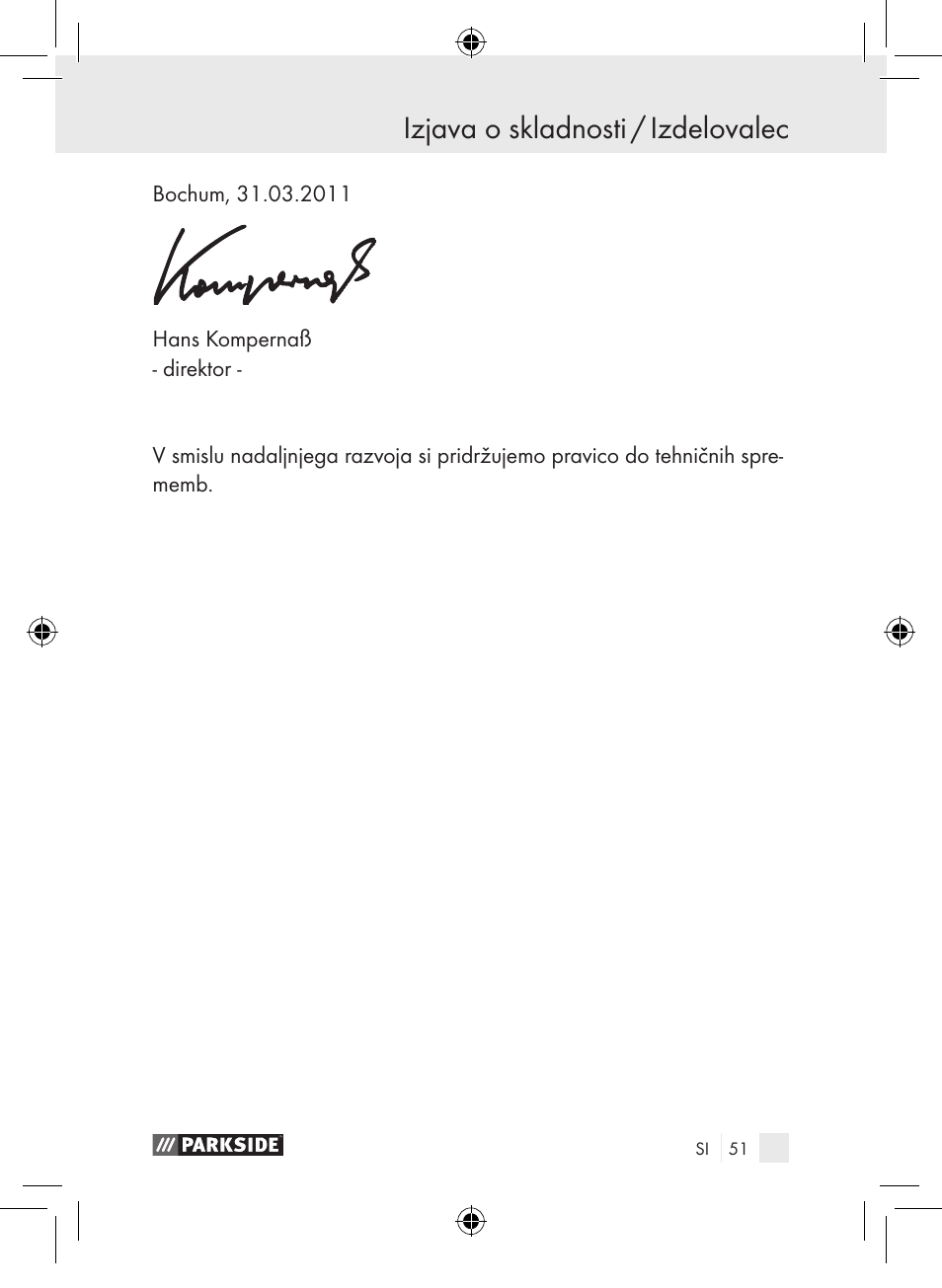 Izjava o skladnosti / izdelovalec | Parkside PDSP 1000 A1 User Manual | Page 51 / 89