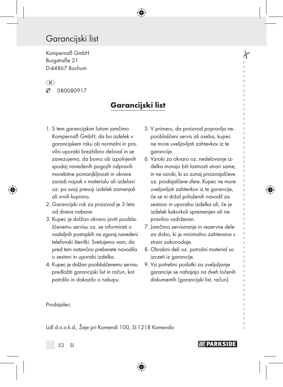 Garancijski list | Parkside PDSP 1000 A1 User Manual | Page 52 / 89