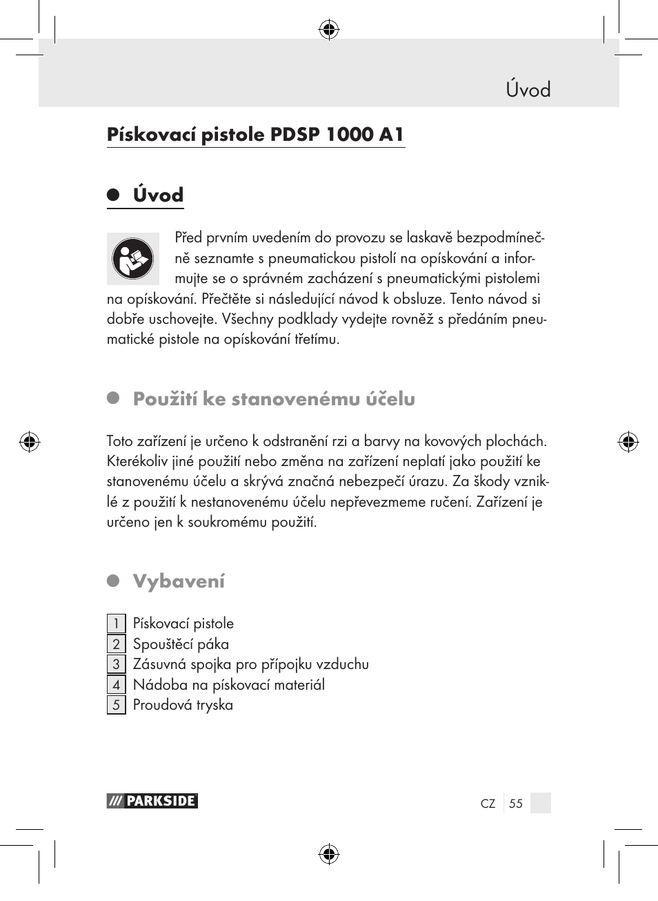 Úvod, Použití ke stanovenému účelu, Vybavení | Parkside PDSP 1000 A1 User Manual | Page 55 / 89