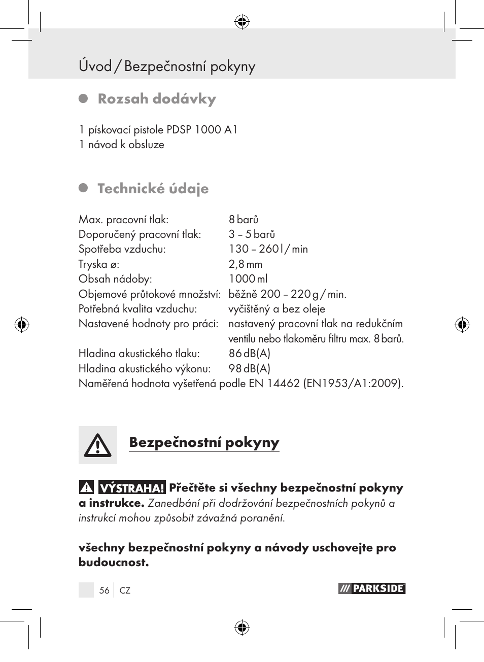 Úvod / bezpečnostní pokyny, Rozsah dodávky, Technické údaje | Bezpečnostní pokyny | Parkside PDSP 1000 A1 User Manual | Page 56 / 89