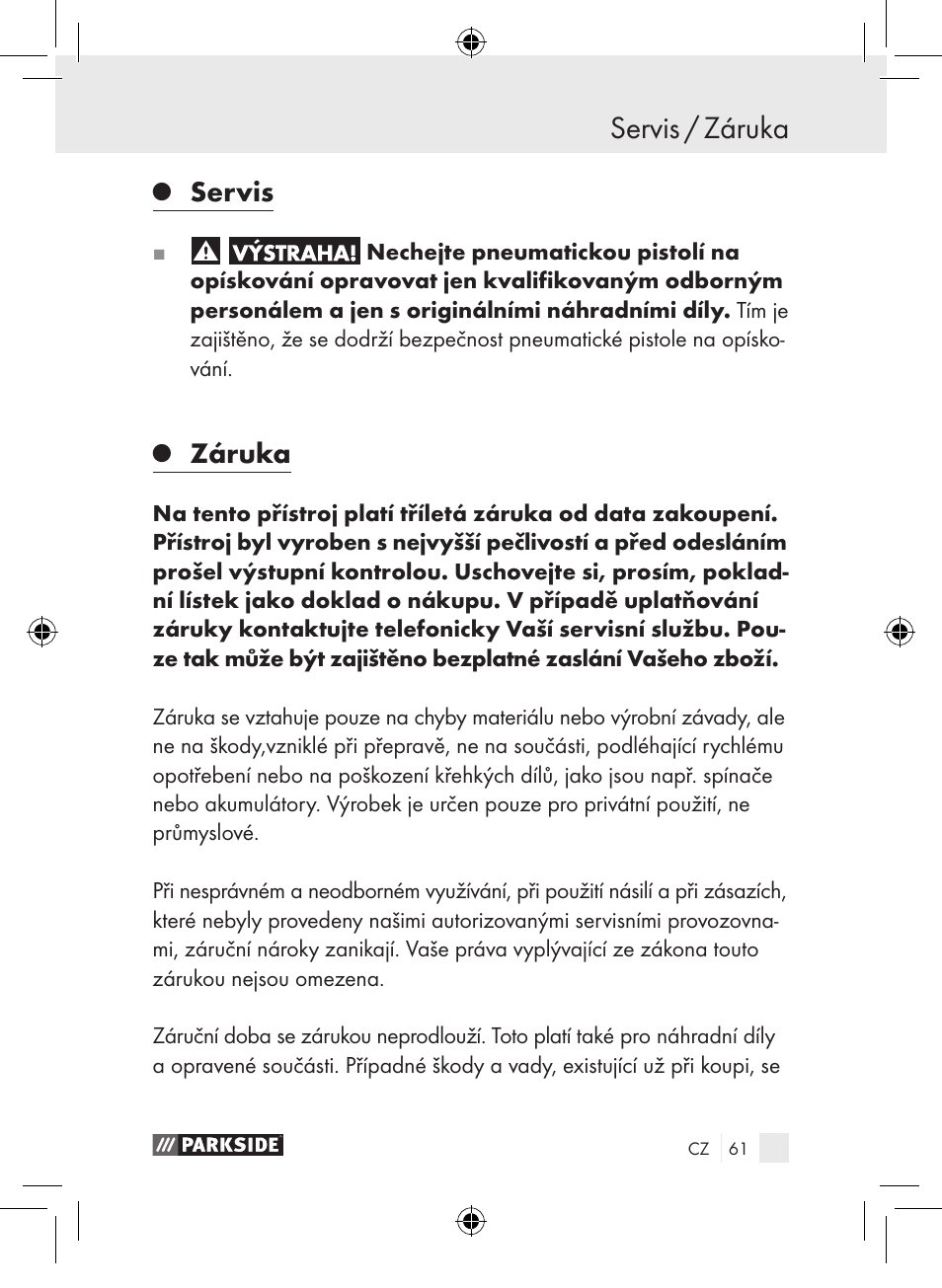 Servis / záruka, Servis, Záruka | Parkside PDSP 1000 A1 User Manual | Page 61 / 89