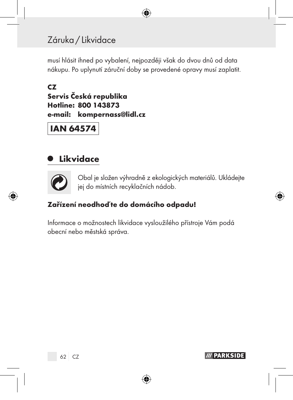 Záruka / likvidace, Likvidace | Parkside PDSP 1000 A1 User Manual | Page 62 / 89